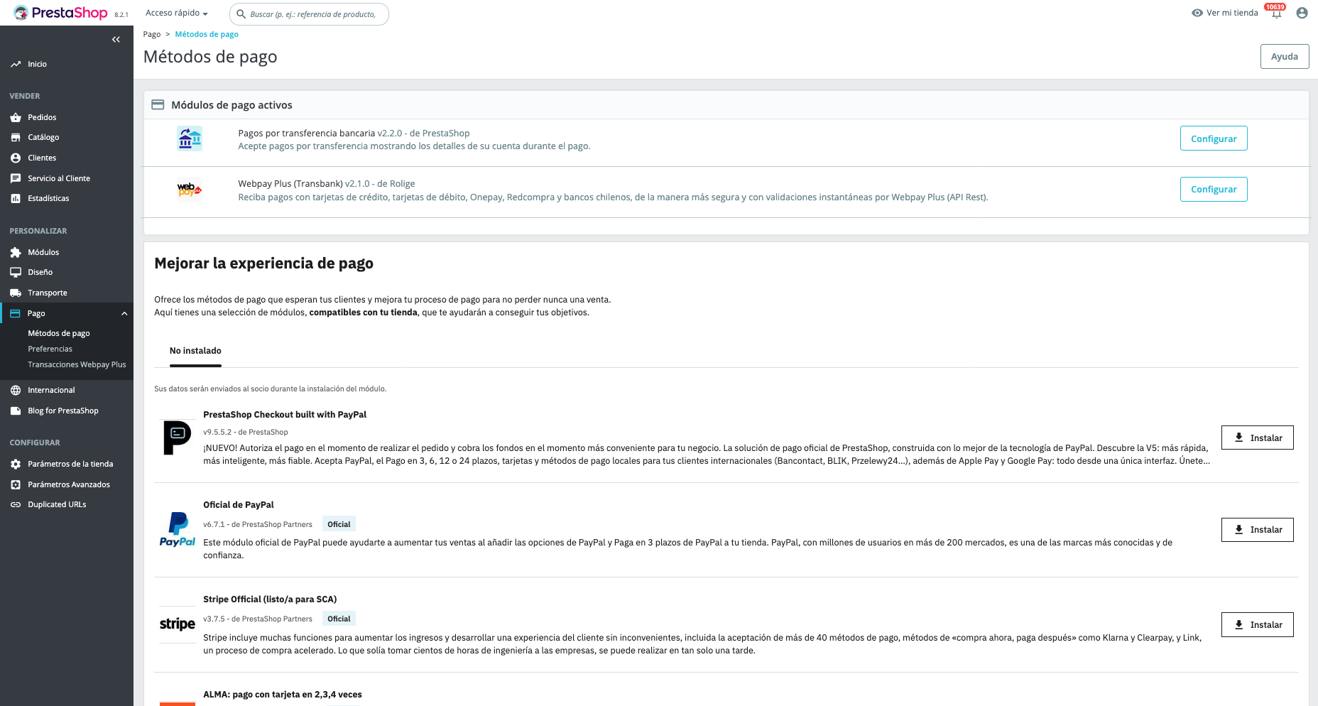 Panel de administración PrestaShop con Webpay Plus Transbank configurado para una tienda en Chile