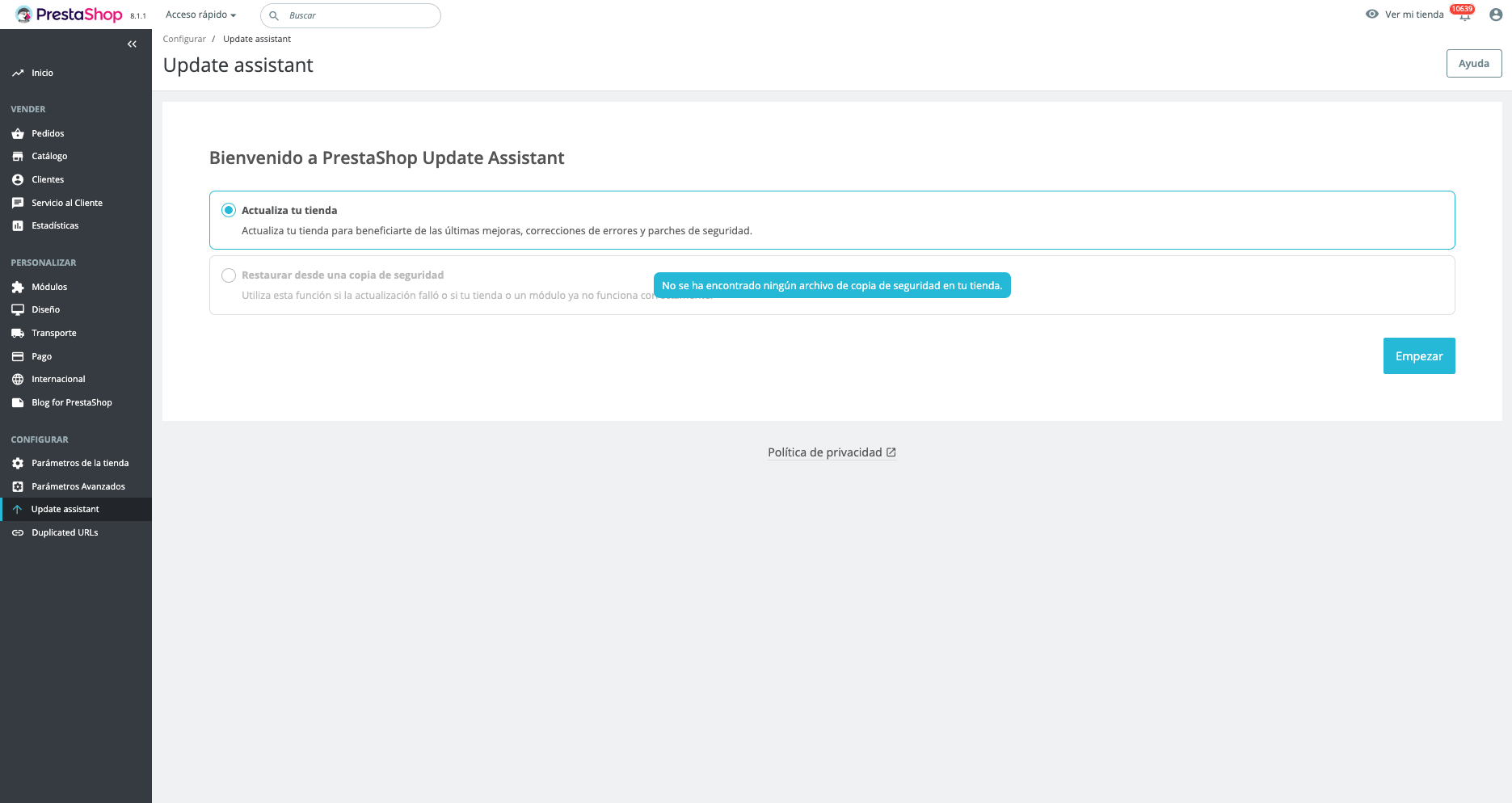Asistente de actualización de PrestaShop mostrando la opción de actualizar tienda con respaldo previo